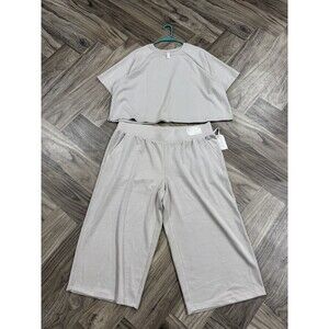 Women’s 2 Piece Lounge Set Short Sleeve Top Wide Leg Pants Beige Casual Outfit